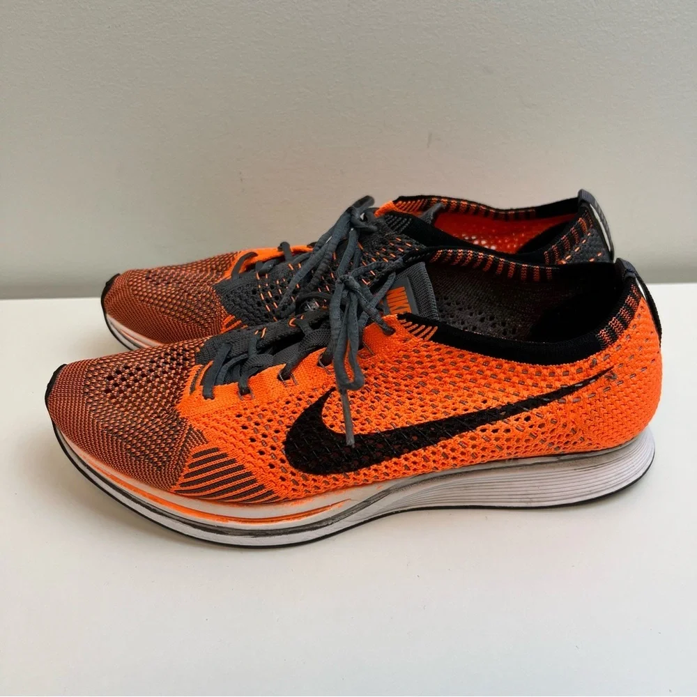 Nike Flyknit Racer Mens Size 9 Sneakers Runners Orange Black Mesh Swoosh - Picture 2 of 10